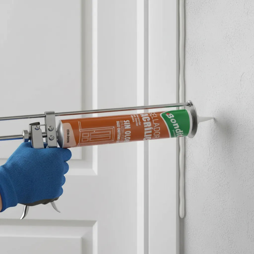 Sellador acrílico Bondit ecológico (bajo VOC), masilla de calafateo pintable y flexible para sellado de juntas interiores y exteriores sin tóxicos.