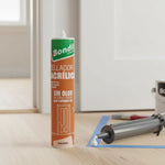 Sellador acrílico Bondit ecológico (bajo VOC), masilla de calafateo pintable y flexible para sellado de juntas interiores y exteriores sin tóxicos.