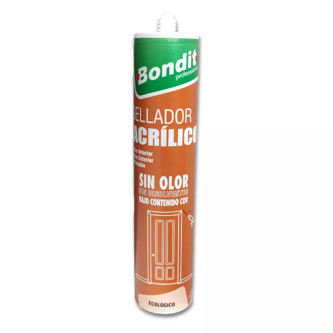 Sellador acrílico Bondit ecológico (bajo VOC), masilla de calafateo pintable y flexible para sellado de juntas interiores y exteriores sin tóxicos.