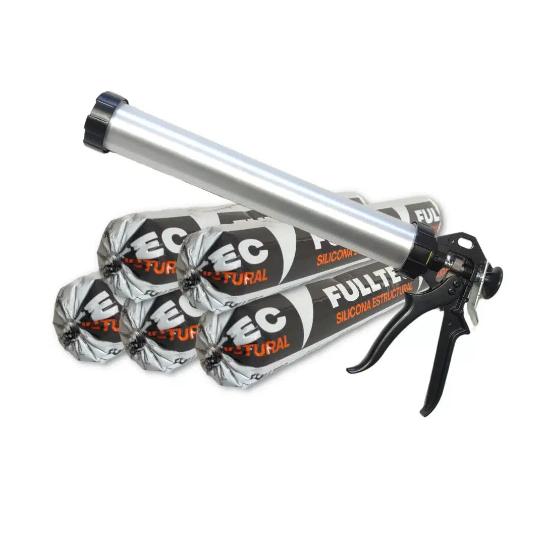 Kit de sellado profesional Fulltec, incluye silicona estructural negra y pistola calafatera, ideal para aplicaciones de alta exigencia en construcción y fachadas.