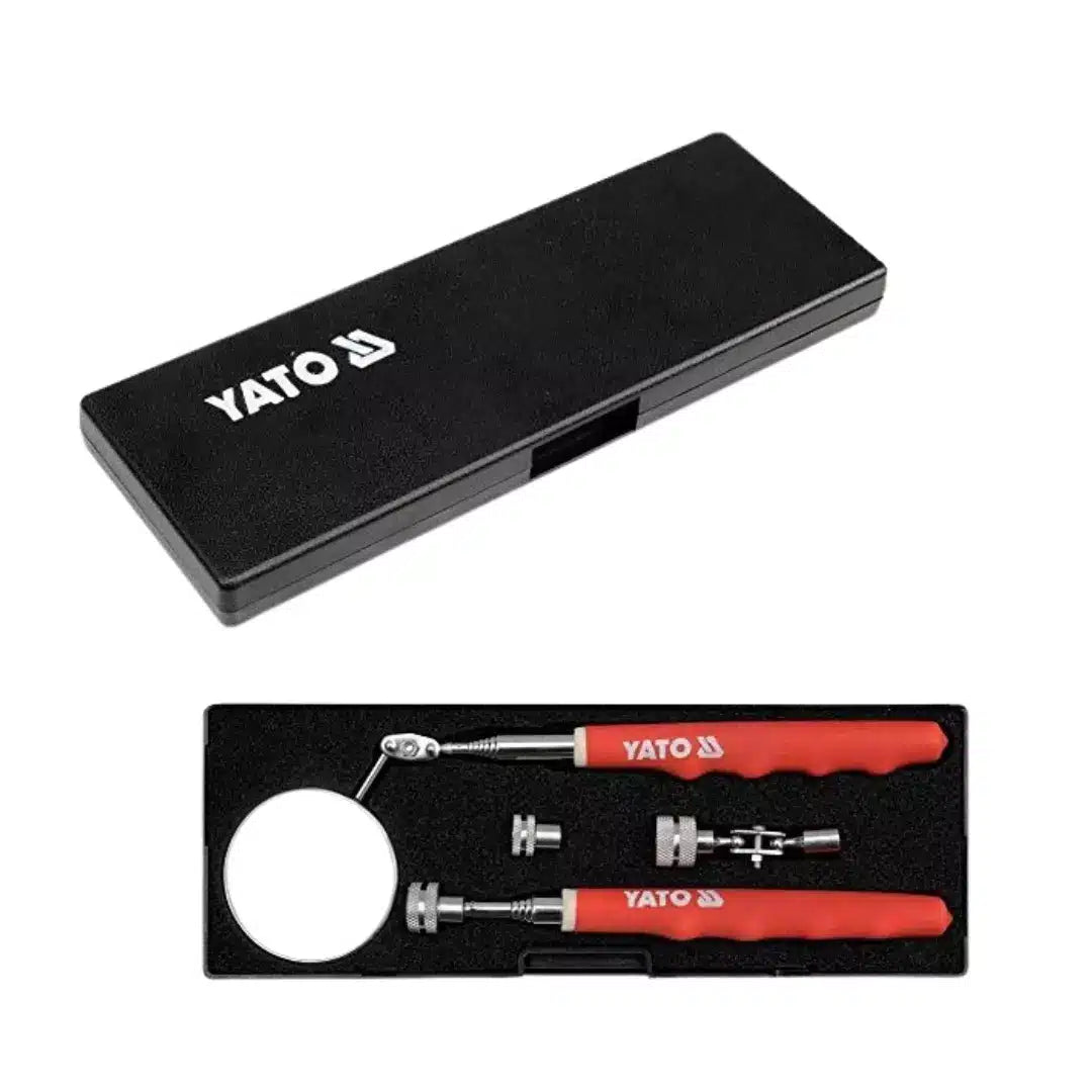 Kit profesional Yato YT-0662 de 4 herramientas de inspección telescópicas: espejos circulares y rectangulares e imanes de recogida, para mecánica y fontanería.