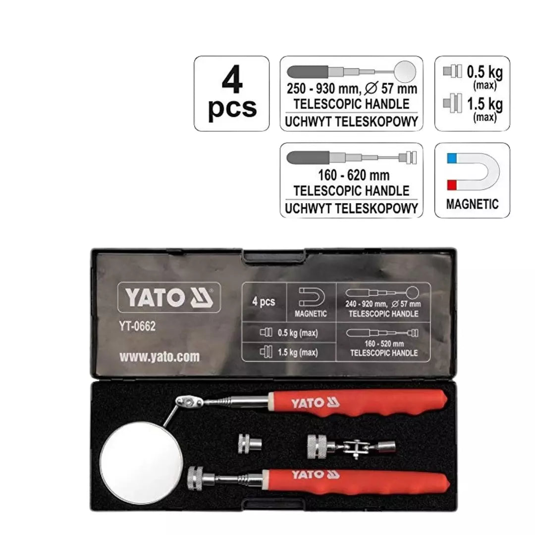 Kit profesional Yato YT-0662 de 4 herramientas de inspección telescópicas: espejos circulares y rectangulares e imanes de recogida, para mecánica y fontanería.
