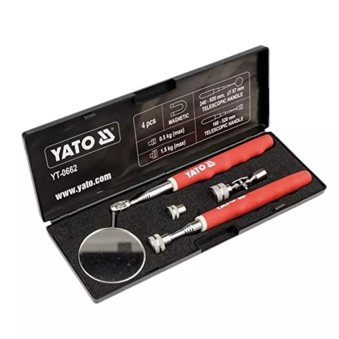 Kit profesional Yato YT-0662 de 4 herramientas de inspección telescópicas: espejos circulares y rectangulares e imanes de recogida, para mecánica y fontanería.