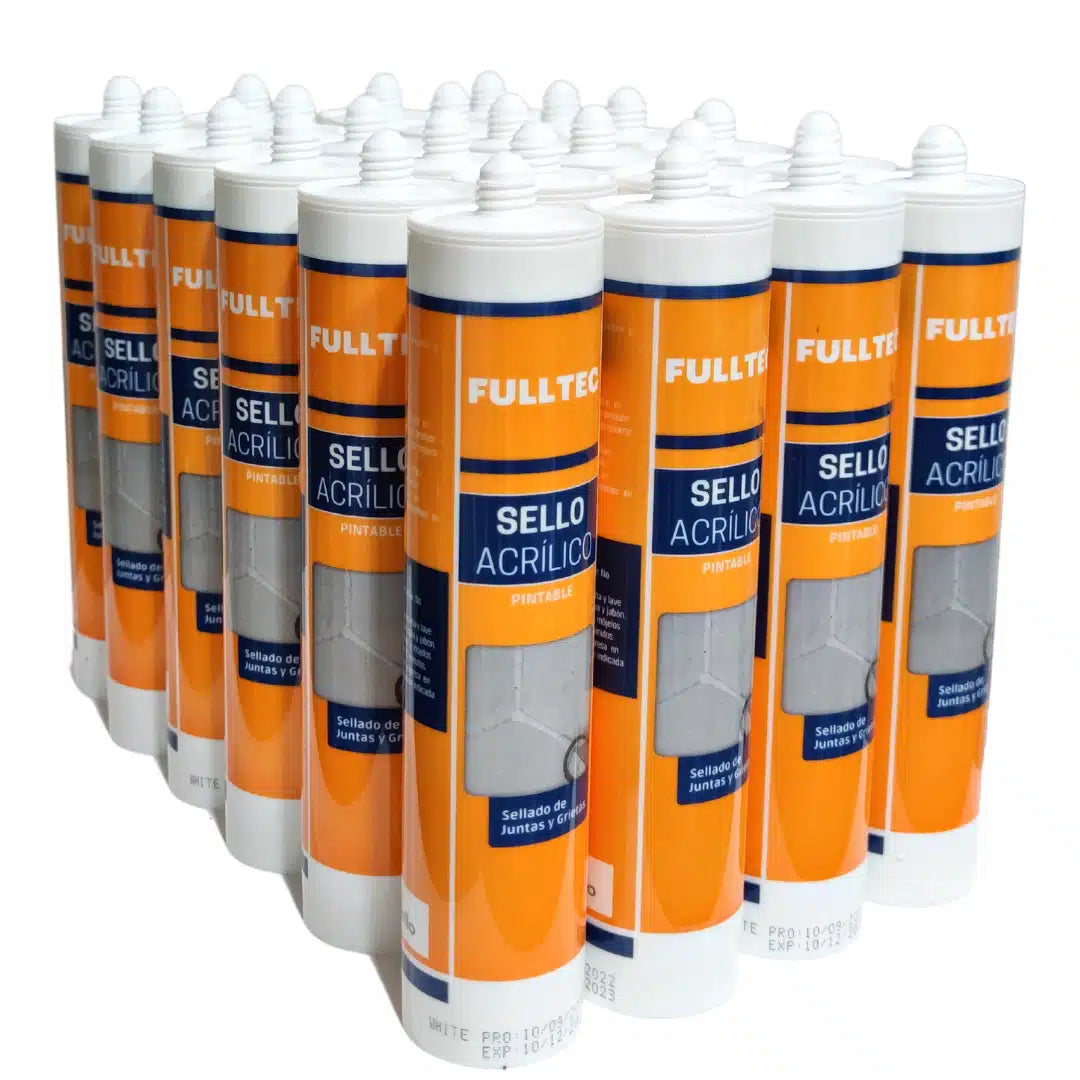 Caja de 24 cartuchos de sellador acrílico pintable Fulltec de 300ml, para el relleno y sellado de grietas y uniones en paredes