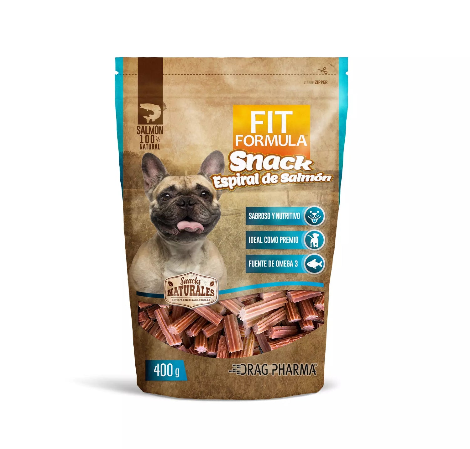 Snack para perro Fit Fórmula de 400 gramos, espirales de salmón 100% natural, premio deshidratado rico en Omega 3 para piel y pelaje.