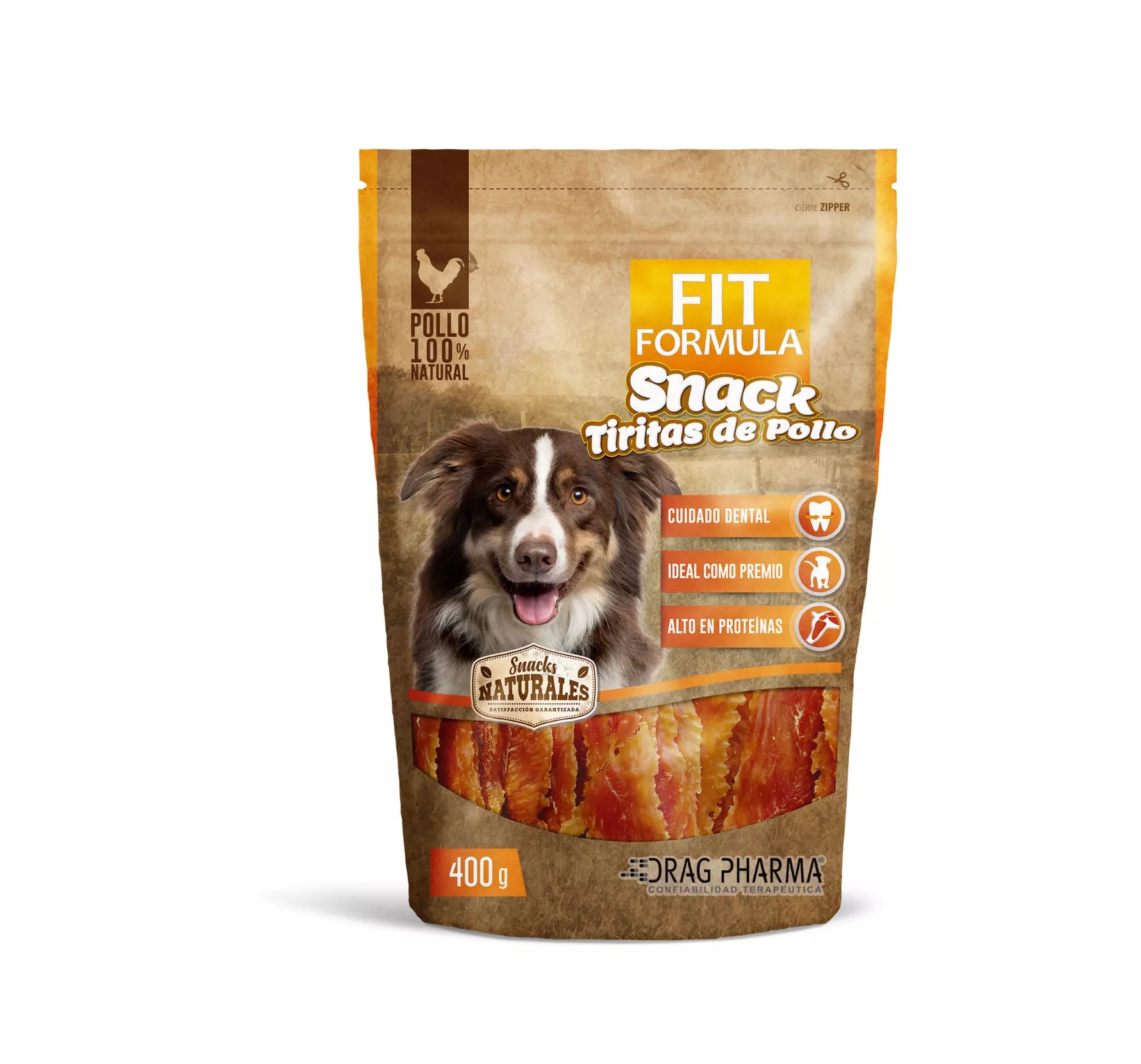 Snack para perro Fit Fórmula de 400 gramos, tiritas de pollo 100% natural y deshidratadas, ideal como premio de alto valor proteico para el entrenamiento canino.