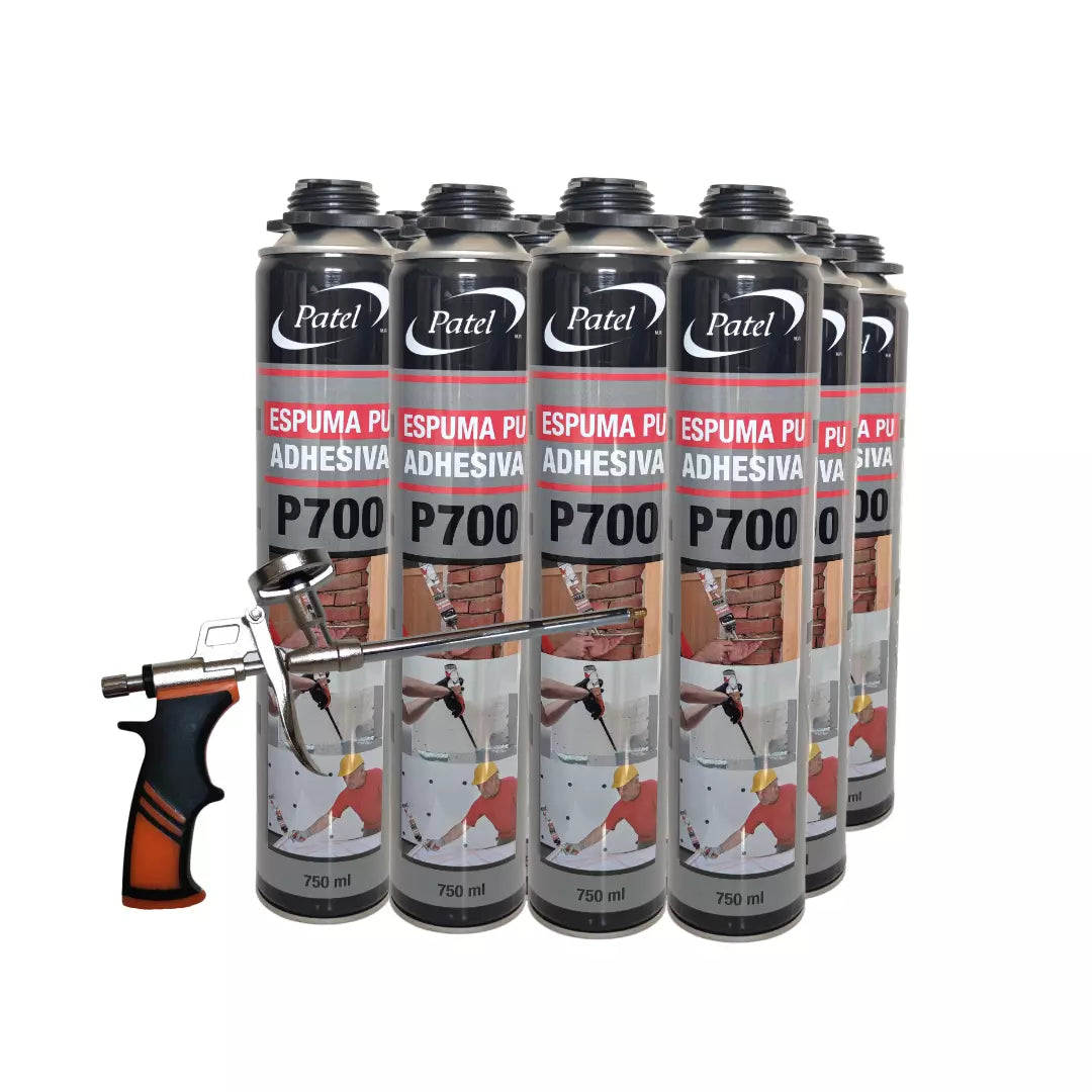 Kit 12 latas espuma de poliuretano adhesiva Patel $750\text{ ml}$ y pistola aplicadora, adhesivo de alto rendimiento para fijación de paneles de aislamiento y construcción en seco.