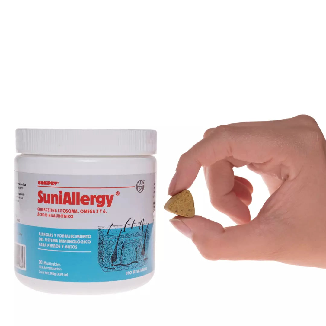 suplemento natural Suniallergy para mascotas, formulado para el cuidado intensivo y alivio de síntomas de alergias en perros y gatos.