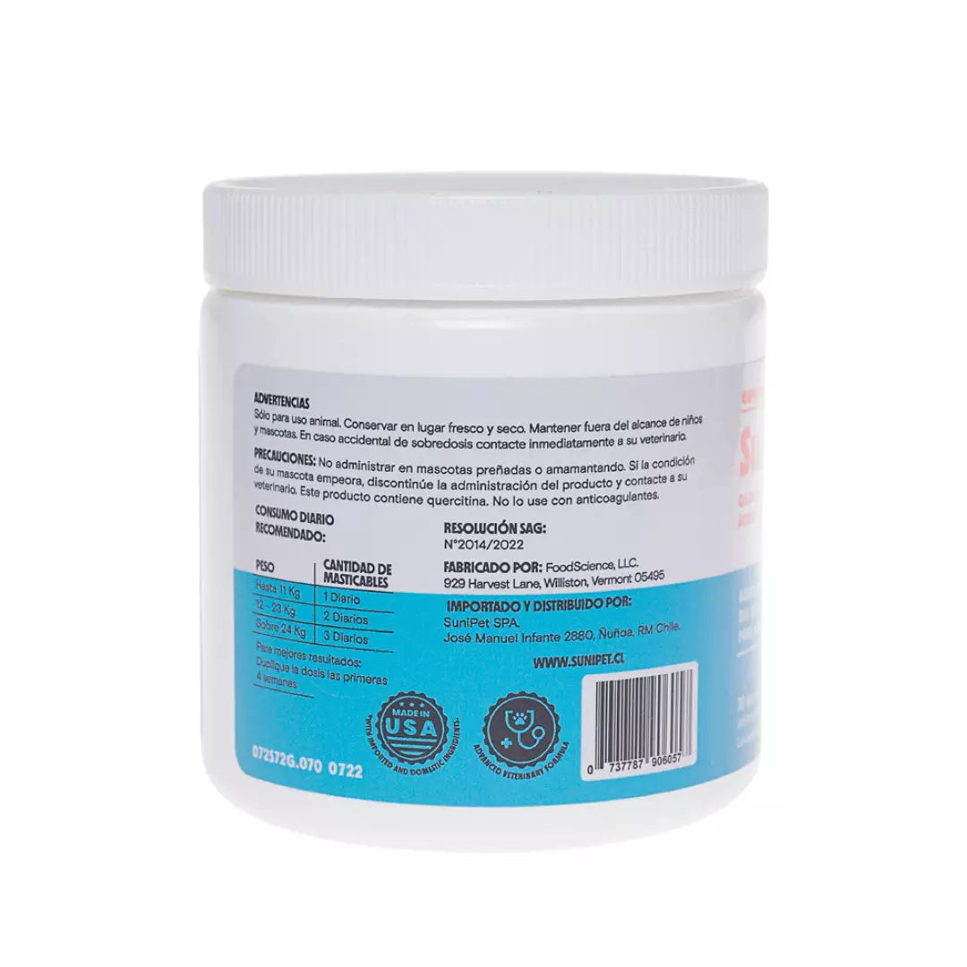 suplemento natural Suniallergy para mascotas, formulado para el cuidado intensivo y alivio de síntomas de alergias en perros y gatos.