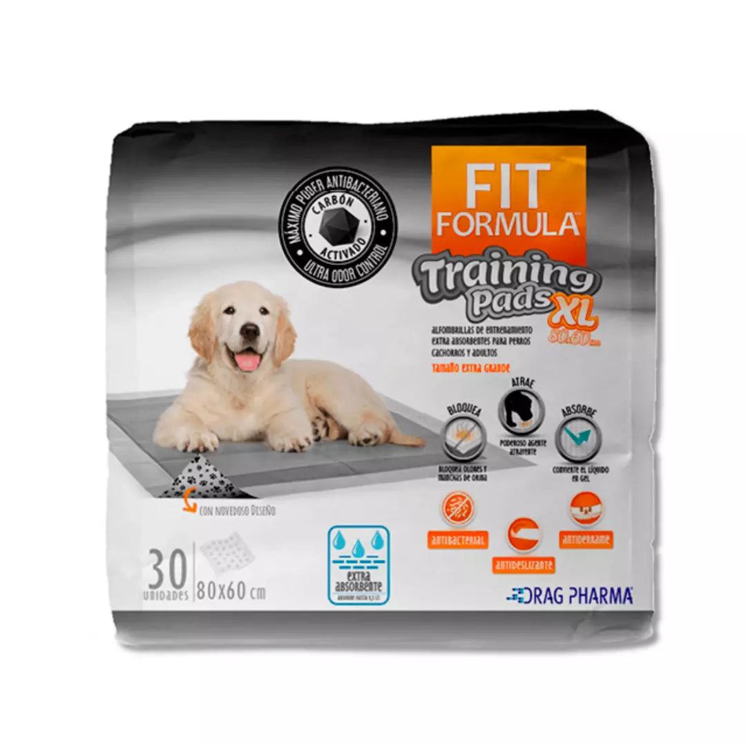 Sabanillas de entrenamiento Fit Fórmula XL, 80x60 cm, 30 unidades con carbón activado, pads absorbentes de gran tamaño para perros y control de olores.