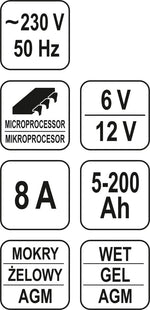 Cargador de baterías automático e inteligente Yato YT-8301, con pantalla digital y función de mantenimiento para baterías de 6V y 12V
